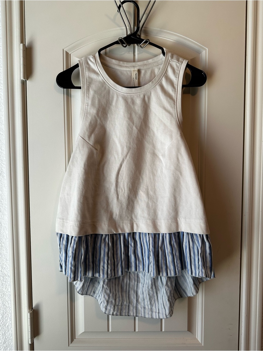 Anthropologie Open Back Twofer White Tank with Blue Striped Ruffle Hem size S
